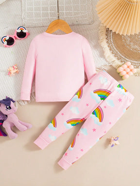 2 Peças Conjunto de Pijama Ajustado de Top de Manga Longa e Calça com Estampa Fofa de Unicórnio que Brilha no Escuro para Meninas Bebê