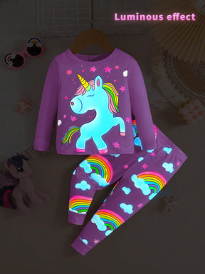 2 Peças Conjunto de Pijama Ajustado de Top de Manga Longa e Calça com Estampa Fofa de Unicórnio que Brilha no Escuro para Meninas Bebê