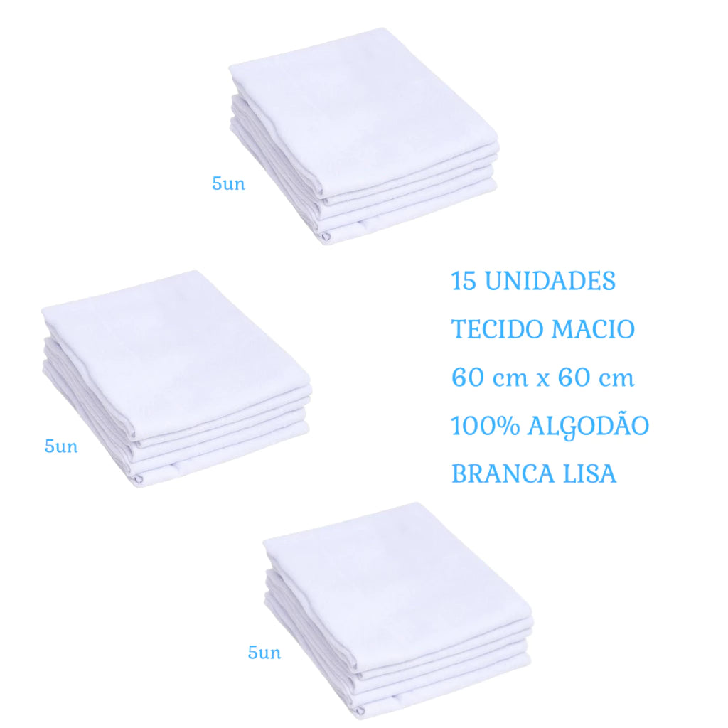 Fralda De Pano Bebê Kit 5,10,15 Caricia Baby Branca 60x60cm 100% Algodão Tecido Absorvente