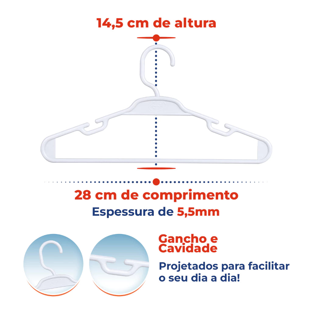 30 Cabides Infantil Branco 5,5mm Plástico Para Roupa Bebê Criança